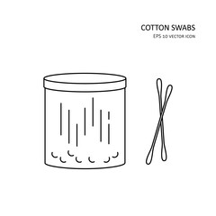 Vector thin line icon of cotton swabs with a box. Hygiene and health care concept of cotton buds eps 10 illustration. Ear stick.