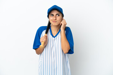 Young caucasian woman playing baseball isolated on white background frustrated and covering ears