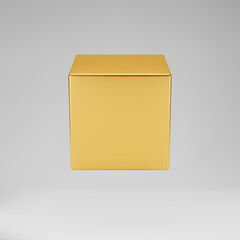 3d gold metallic cube isolated on grey background. Render a rotating glossy golden 3d box model in perspective with lighting and shadow. Realistic vector geometric shape