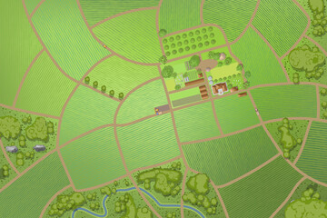 Vector illustration. Green farm in the landscape. (top view)   - 420426862