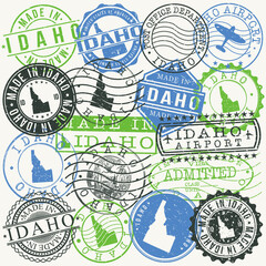 Idaho, USA Set of Stamps. Travel Passport Stamps. Made In Product. Design Seals in Old Style Insignia. Icon Clip Art Vector Collection.
