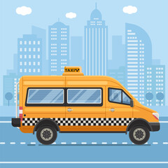 Fototapeta na wymiar Yellow Taxi Mini Van in Flat Design