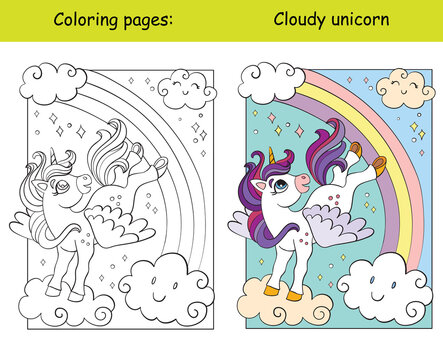 Cute unicorn with wings flying in the sky coloring vector and template