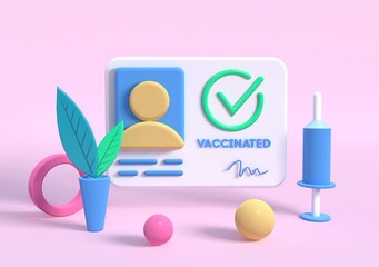 3d rendering, coronavirus vaccination. Vaccination passport with check mark and stamp. Syringe near. Official document of vaccinated. Covid-19 prevention. .