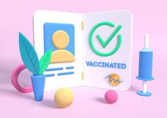 3d rendering, coronavirus vaccination. Vaccination passport with check mark and stamp. Syringe near. Official document of vaccinated. Covid-19 prevention. .