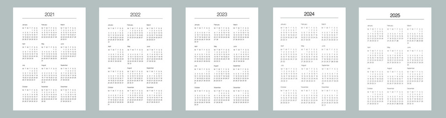 A5 format. Organizer and bullet journal printable pages. Perfect minimalist calendar. 2021, 2022, 2023, 2024, 2025. Week starts at Monday. European English Gregorian calendar. Planner. Vector.