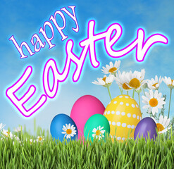 Happy Easter. Bright eggs and spring flowers on green grass outdoors
