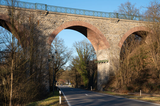 Arched stone bridge over the street in Lindlar, Bergisches Land, Germany