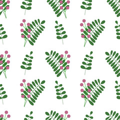 Wallpaper with a green branch of leaves and berries on a white background.