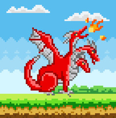 Pixel red three-headed dragon. Pixelated dinosaur with wings breathes fire in nature landscape
