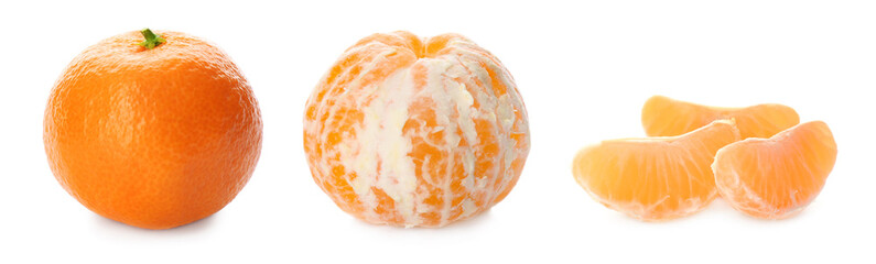 Set with fresh ripe tangerines on white background. Banner design