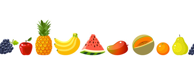 Seamless horizontal composition of colorful cartoon fruits, template element for packaging design. Vector illustration flat isolated icon border set on white background.