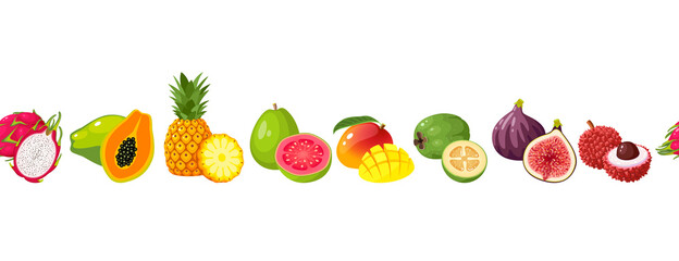 Seamless horizontal composition of tropical cartoon fruits, template element for packaging design. Vector illustration flat isolated icon border set on white background.