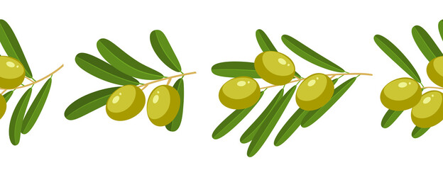 Seamless horizontal composition of branches with green olives, template element for packaging design. Vector illustration flat isolated icon border set on white background.