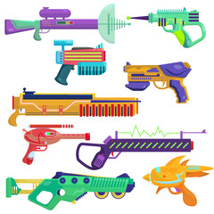 Vector set of blasters. Bright blasters in a cartoon style. Colorful weapons for computer games. Children's guns to play with. alien energy weapons.