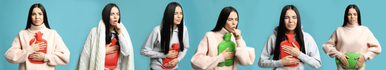 Woman with hot water bottle on light blue background, collage. Banner design