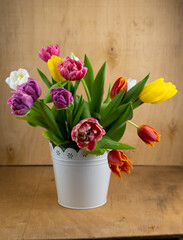 Bouquet of tulips. Flower delivery. Spring background . Tulip.