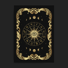Vintage ornamental zodiac card wheel card, with engraving, luxury, esoteric, boho, spiritual, geometric, astrology, magic themes, for tarot reader card. Premium Vector