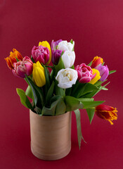 Bouquet of tulips. Flower delivery. Spring background . Tulip.