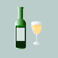 A bottle of white wine and a glass of white wine on a gray background. Vector illustration.