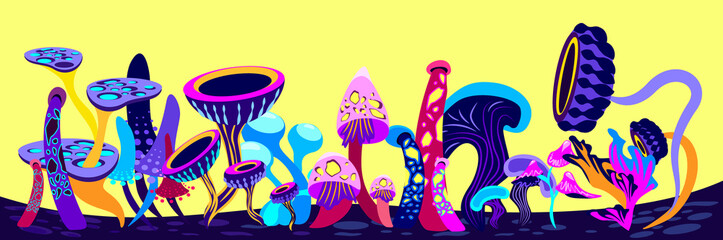 Fantasy Cartoon Alien Universe,World Landscape.Fantasy Supernatural Psylocubin Mushrooms of Different Curved Shape,Yellow Background. Trance Psychedelic Fungal.Computer Game Planet illustration Vector