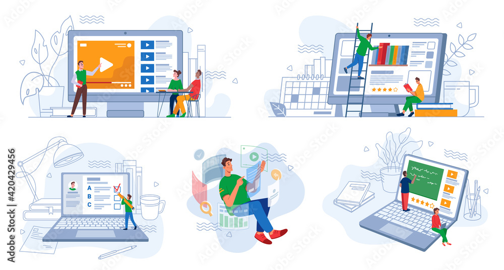 Aufkleber E-learning set, video tutorial and online library, exams on distant education, futuristic future job, studying and learning using modern computer technologies. Mobile consulting webinars, trainings