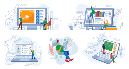 E-learning set, video tutorial and online library, exams on distant education, futuristic future job, studying and learning using modern computer technologies. Mobile consulting webinars, trainings
