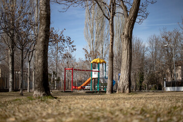 
Children's park with colorful toys. there is nobody in the park. there are no people or children.