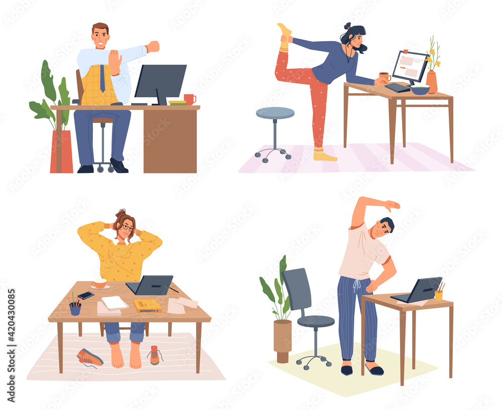 Poster People working from home or office stretching and relaxing during break. Workers doing exercises to reduce stress and tiredness. Workplace of men and women. Cartoon characters, vector in flat style