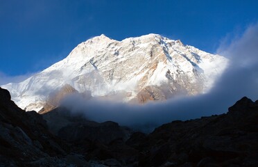 Mount Makalu with clouds, Nepal Himalayas mountains