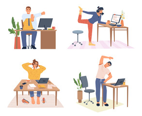 People working from home or office stretching and relaxing during break. Workers doing exercises to reduce stress and tiredness. Workplace of men and women. Cartoon characters, vector in flat style