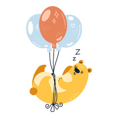 Fototapeta premium Dreamy cute bear flying on a balloon, happy cartoon illustration isolated on white background. Vector