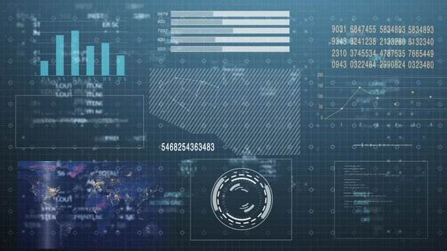 3D animation of graphs and charts on the background of the world map.