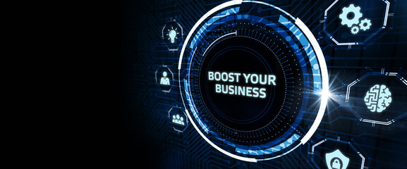 Business, Technology, Internet and network concept. Young businessman shows the word: Boost your business