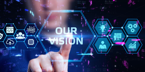 Business, Technology, Internet and network concept. Young businessman working on a virtual screen of the future and sees the inscription: Our vision