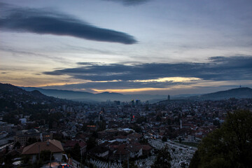 City of Sarajevo. Sarajevo after sunset. Panorama of the city of Sarajevo after sunset.