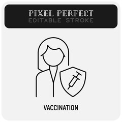 Coronavirus vaccination. Virus protection: woman is protected by shield with vaccine. Immune system. Thin line icon. Pixel perfect, editable stroke. Vector illustration.