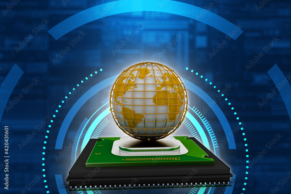 Poster 3d rendering microchip with globe