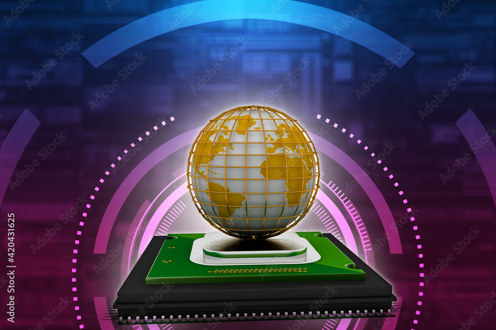 Poster 3d rendering microchip with globe