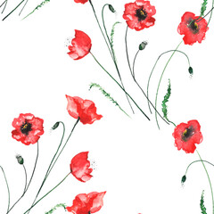 Watercolor abstract seamless background, card, pattern, spot, splash of paint, blot, divorce. red, white paint color. Abstract flower silhouette, poppy, branch, Red Rose. Grunge background.Beautiful 