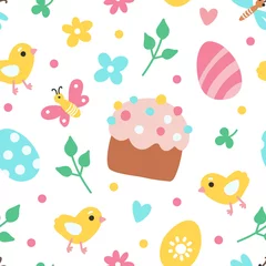 Poster Easter spring pattern with cute chickens, butterflies, eggs, cupcake, flowers and leaves. Hand drawn flat cartoon elements. Vector seamless illustration on white background. © Feodora_21