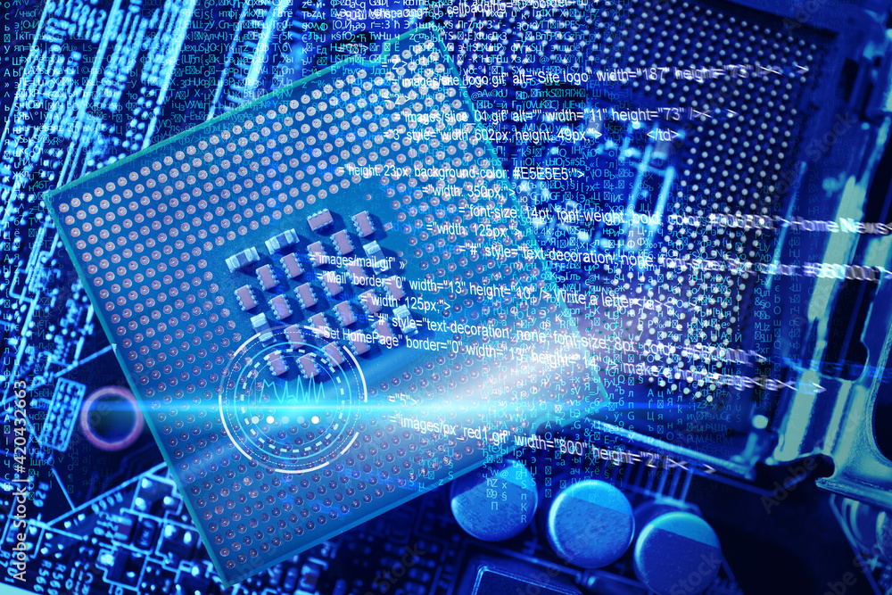Poster computer motherboard with processor microchip as background, top view. electronic device