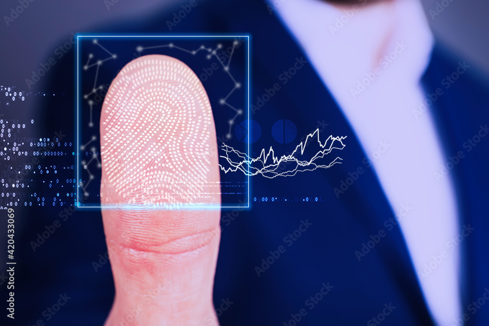 Poster man using biometric fingerprint scanner, closeup view