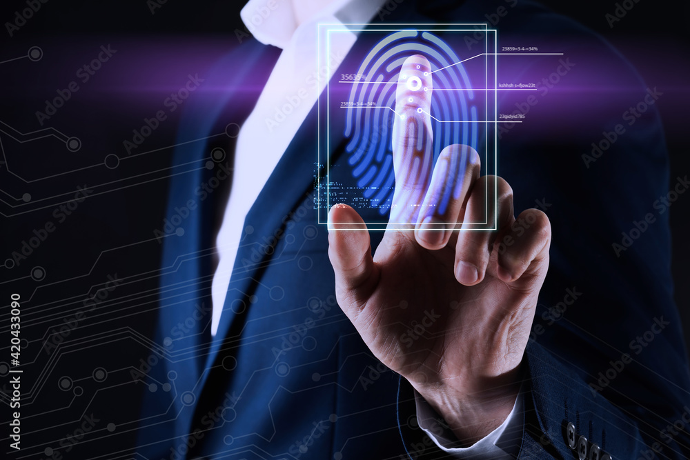 Poster man using biometric fingerprint scanner on dark background, closeup