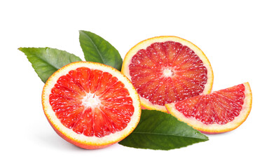 Delicious ripe red oranges on white background