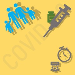 The illustration shows a picture of family, syringe, vaccine bottle, clock timing.