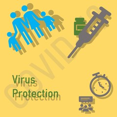 The illustration shows a picture of family, syringe, vaccine bottle, clock timing . There is a word that is Vaccination Protection.