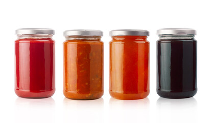 small jam and vegetables jars without labels on white