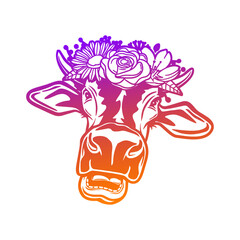 Cow Rose Flower with Vintage Animal Design. Heifer Floral frame ornament vector style. Decoration Design Wreat illustration.