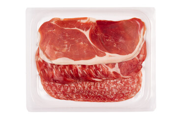 salami sausages and prosciutto packaging isolated on white